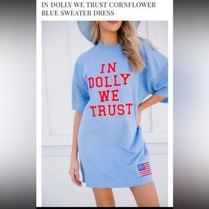 Judith March "In Dolly We Trust" T-Shirt Dress Cornflower Blue- L Crochet Sleeve